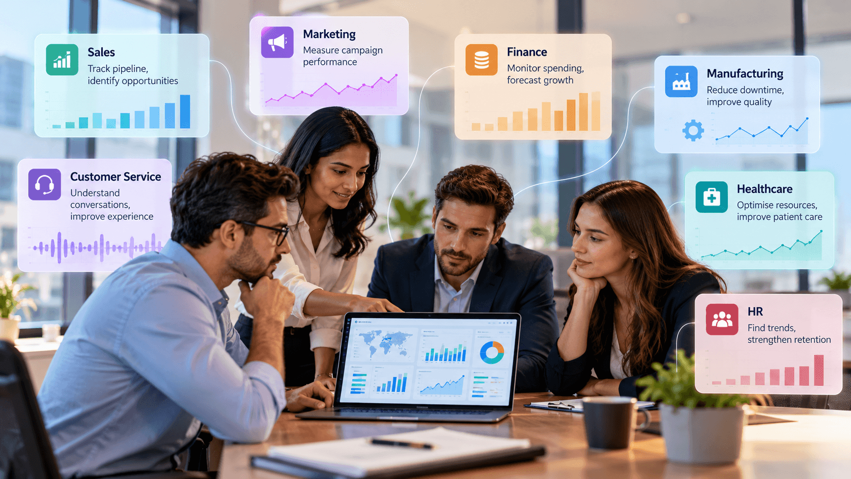 Business team reviewing analytics dashboards for sales, finance, manufacturing and customer service. Business team reviewing analytics dashboards for sales, finance, manufacturing and customer service.