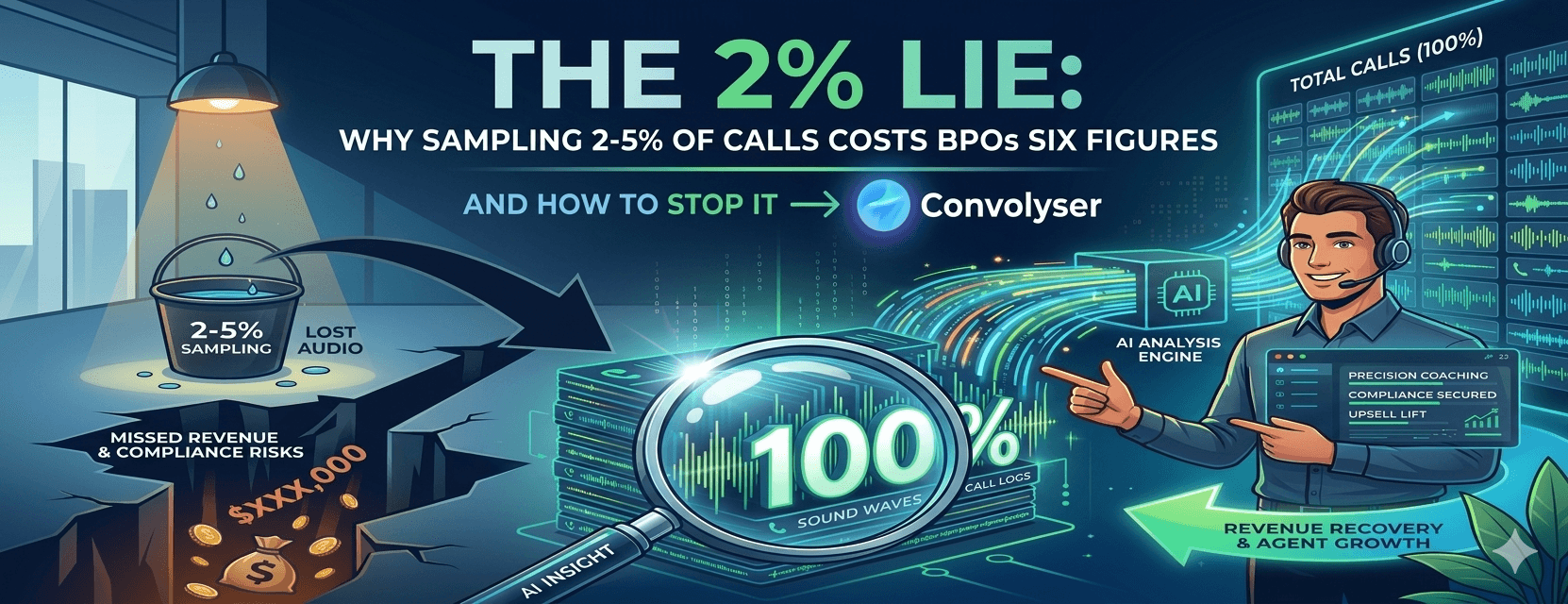 The 2% Lie: Why Sampling 2-5% of Calls Costs BPOs Six Figures in Missed Revenue - And How to Stop It The 2% Lie: Why Sampling 2-5% of Calls Costs BPOs Six Figures in Missed Revenue - And How to Stop It